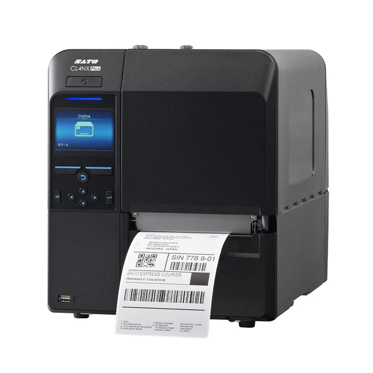 White rectangular barcode label printer with dark front panel and top cover open