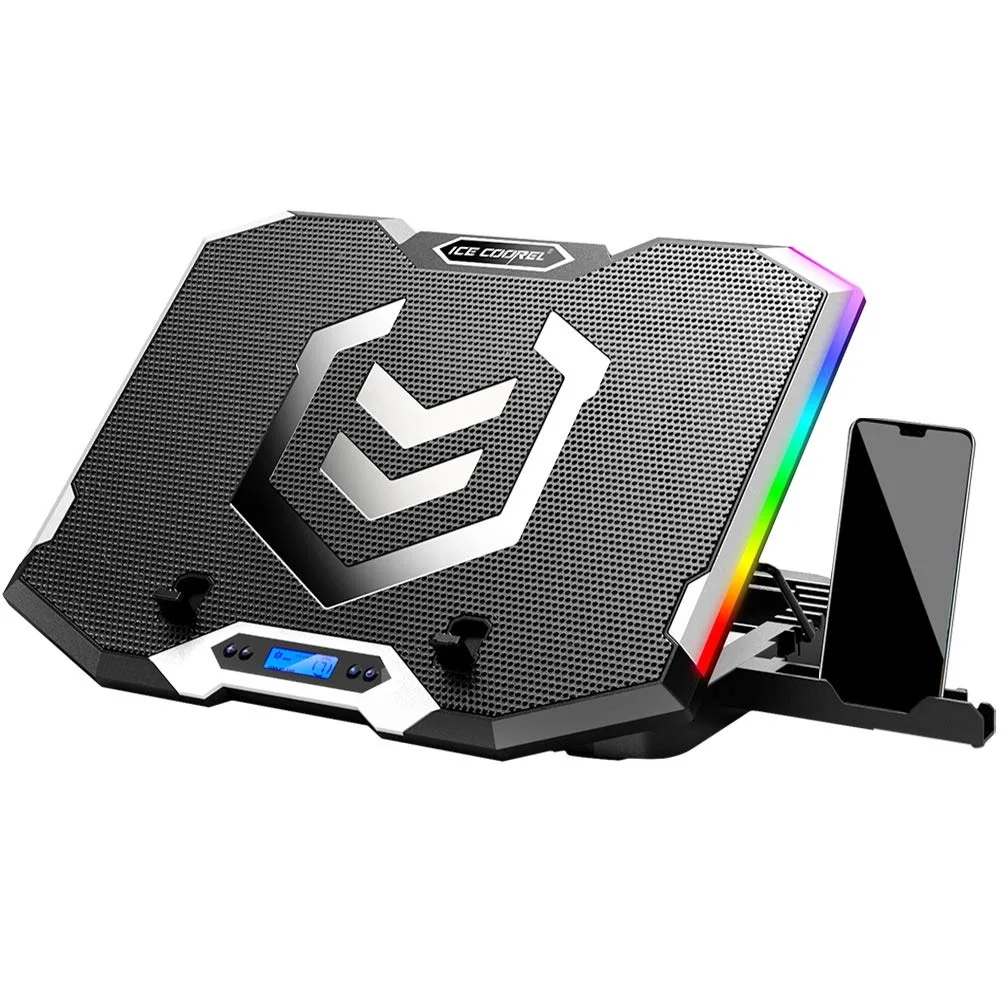 ENHANCE ICE K9 laptop cooling pad 15-17.3 inch 6 RGB fans 140 mm LCD 2 USB phone stand — product photo