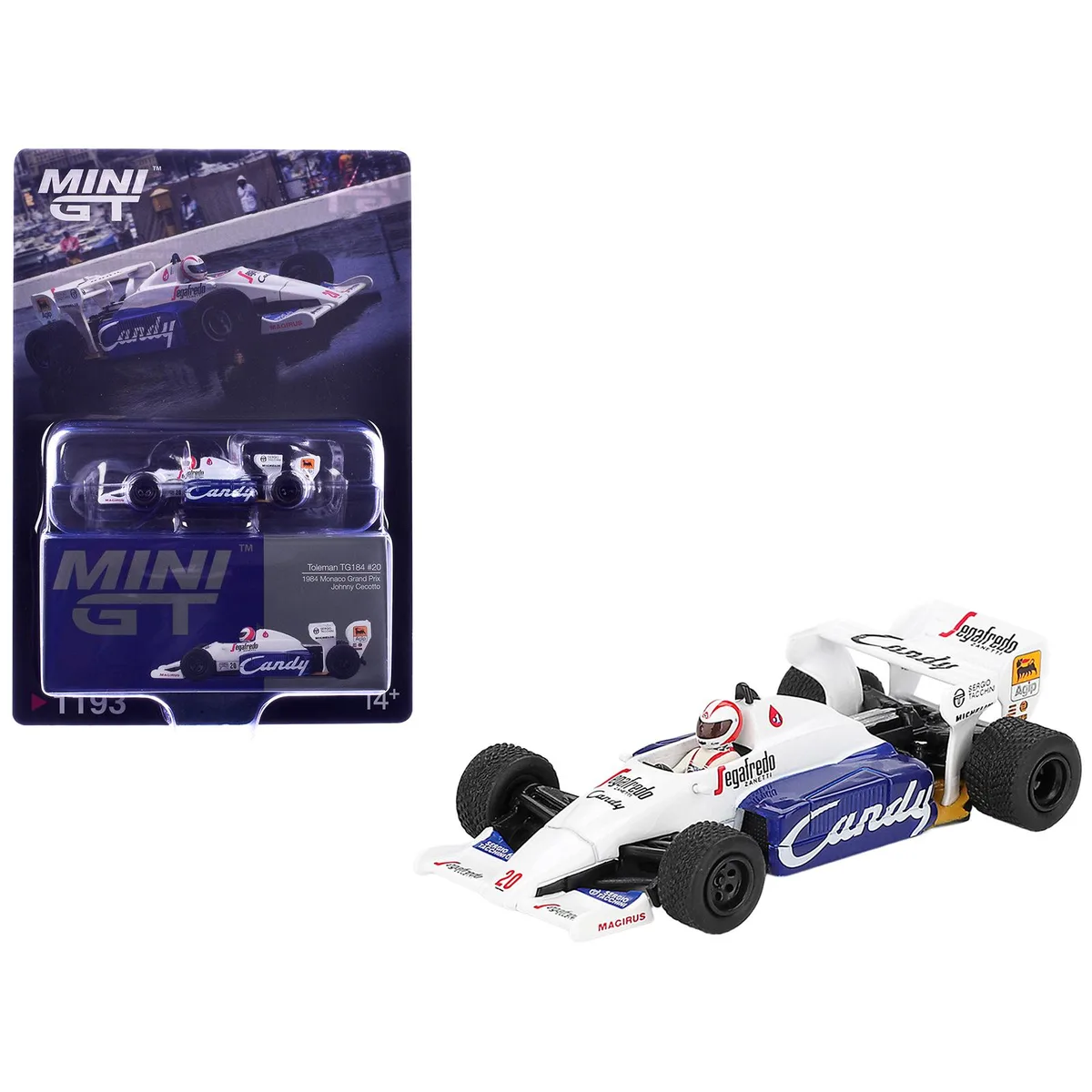 True TrueScale Miniatures Toleman TG184 #20 Johnny Cecotto F1 Monaco GP 1984 1/64 Diecast with Driver Figure — product photo