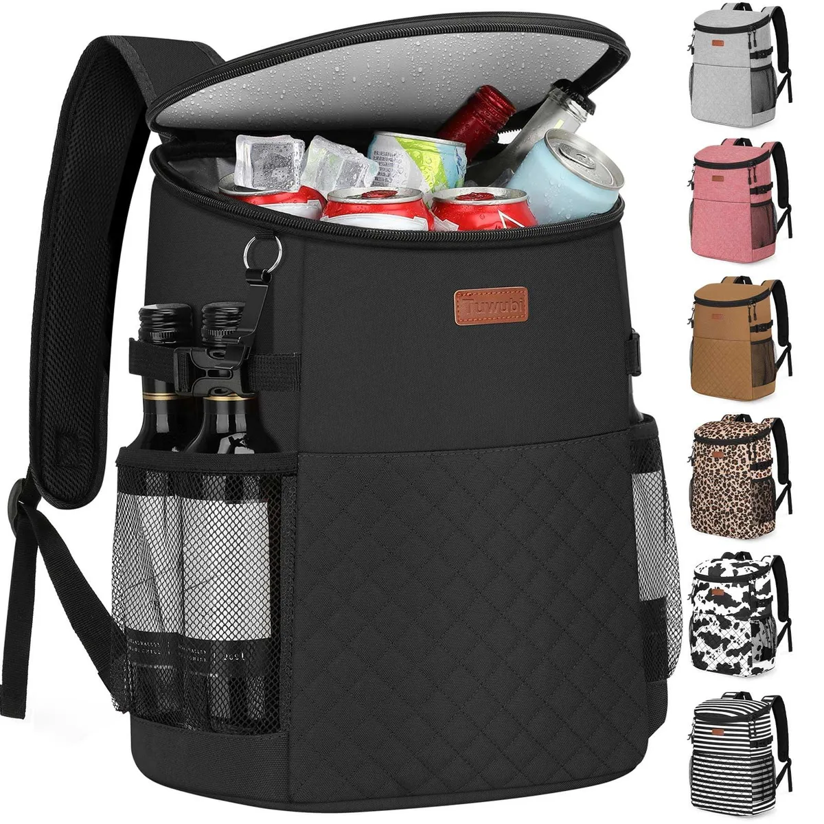 Black polyester backpack cooler with padded straps and multiple compartments