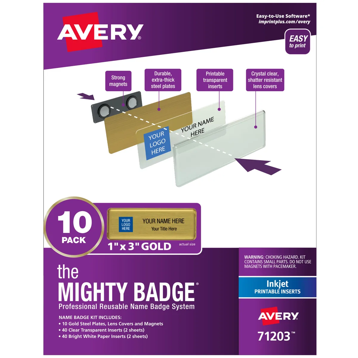 Avery 71203 Mighty Badge Kit with 10 gold magnetic name tags and 80 inserts