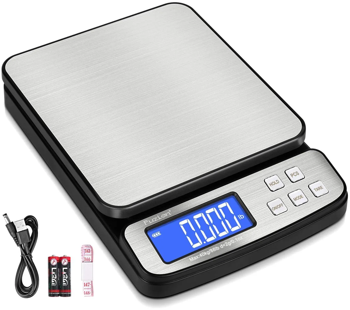 Rectangular digital postal scale with stainless steel platform and backlit LCD display