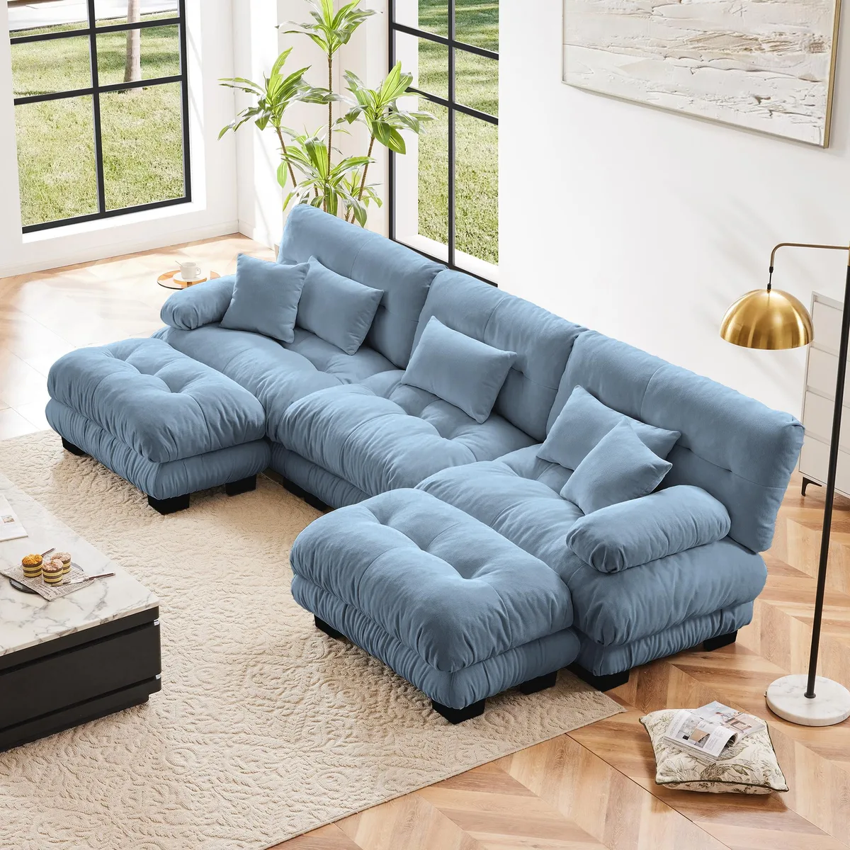 Blue chenille U-shaped sectional sofa with two matching ottomans