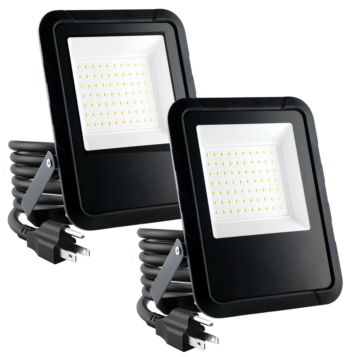 Two white aluminium LED floodlights with metal brackets and plugs