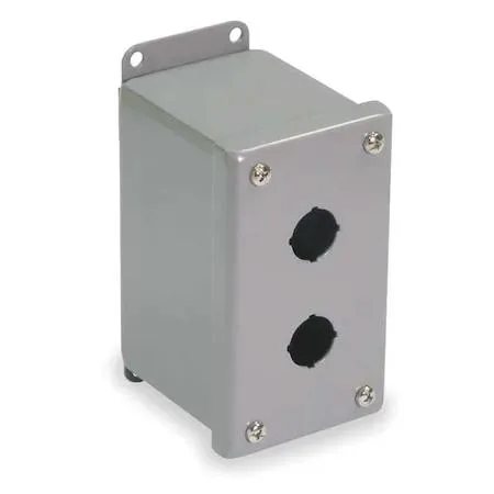 Gray carbon steel pushbutton enclosure, two 22 mm holes, 5.13 by 2.75 by 3.5 inches