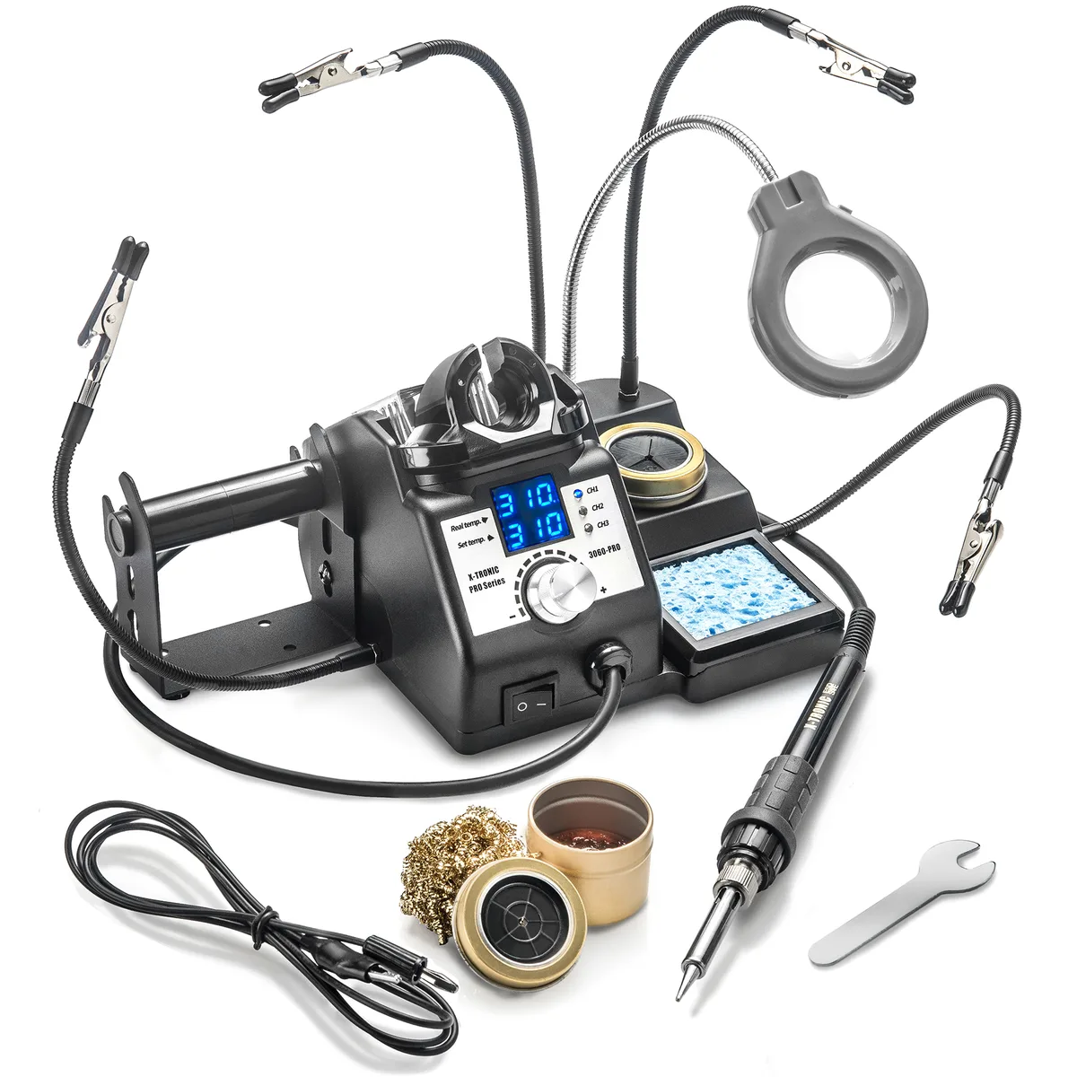 X-Tronic (X-Tronic International, Inc.) X-Tronic XTR-3060-PRO 75 W soldering station with Mini Mag Lamp &amp; 4 Helping Hands — product photo