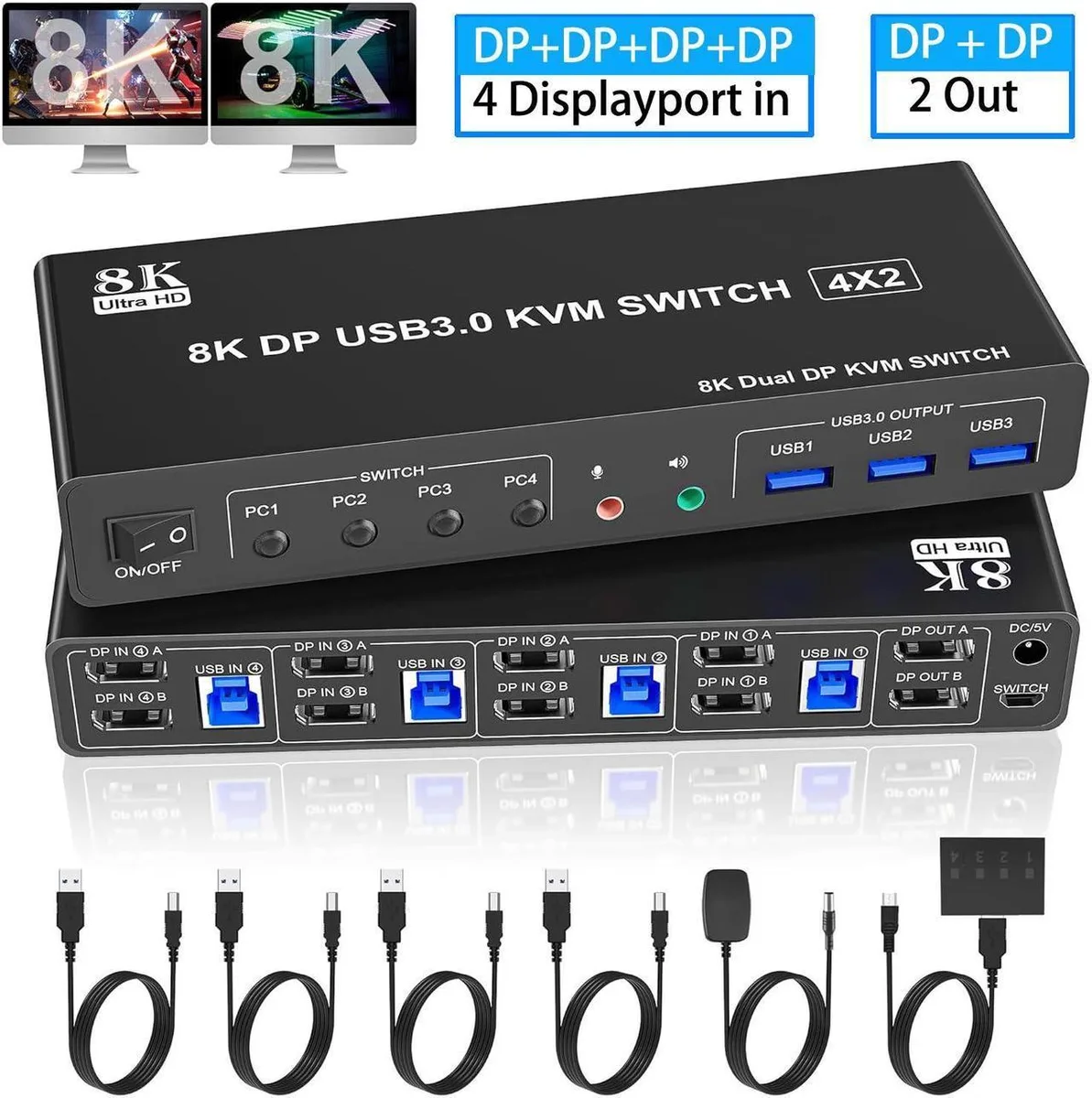 Vszerda Vszerda 8K@60Hz 4-Port DP 1.4 Dual Monitor KVM Switch — product photo