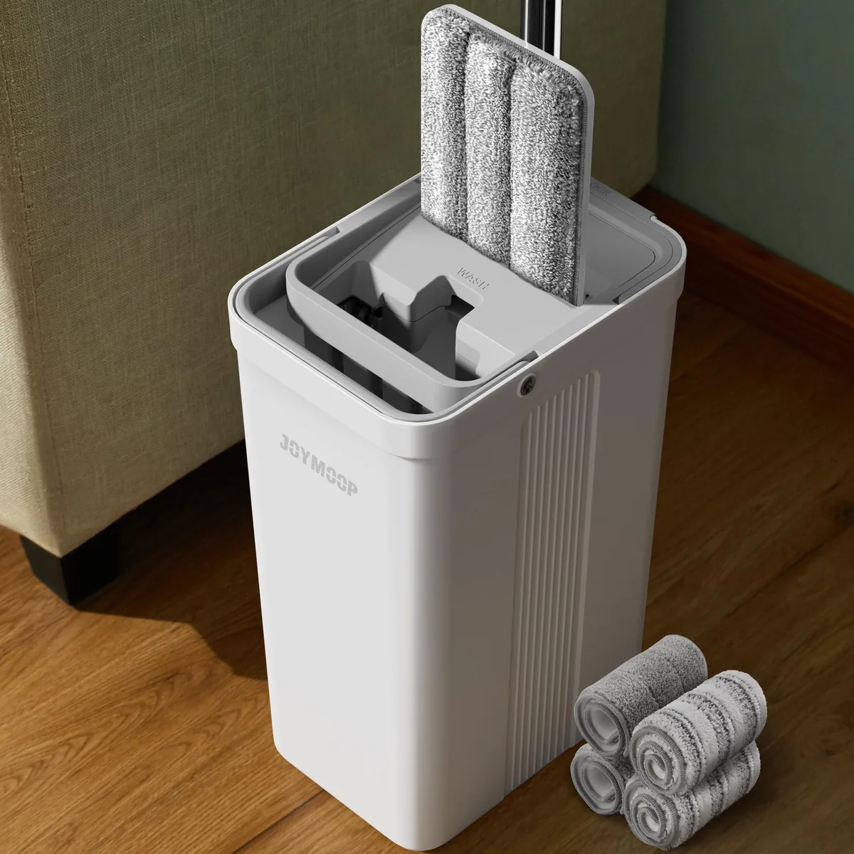 3M Flat Mop System Bucket Set White 6.5L 60in Handle 4 Pads — product photo