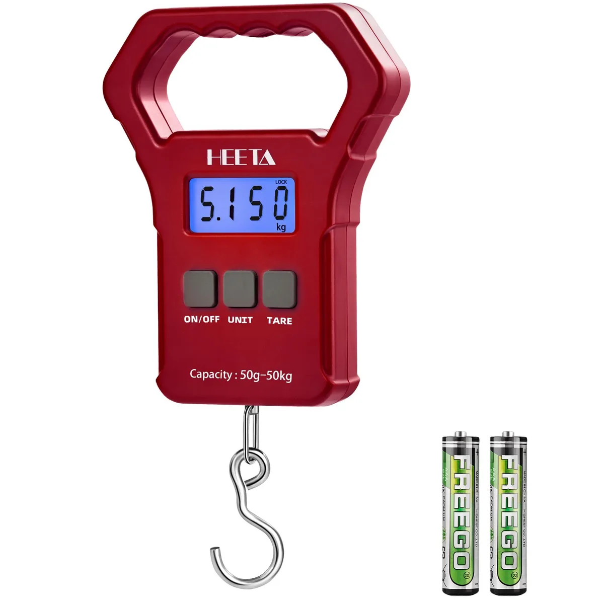 Yellow plastic digital hanging scale with LCD display and stainless steel hook