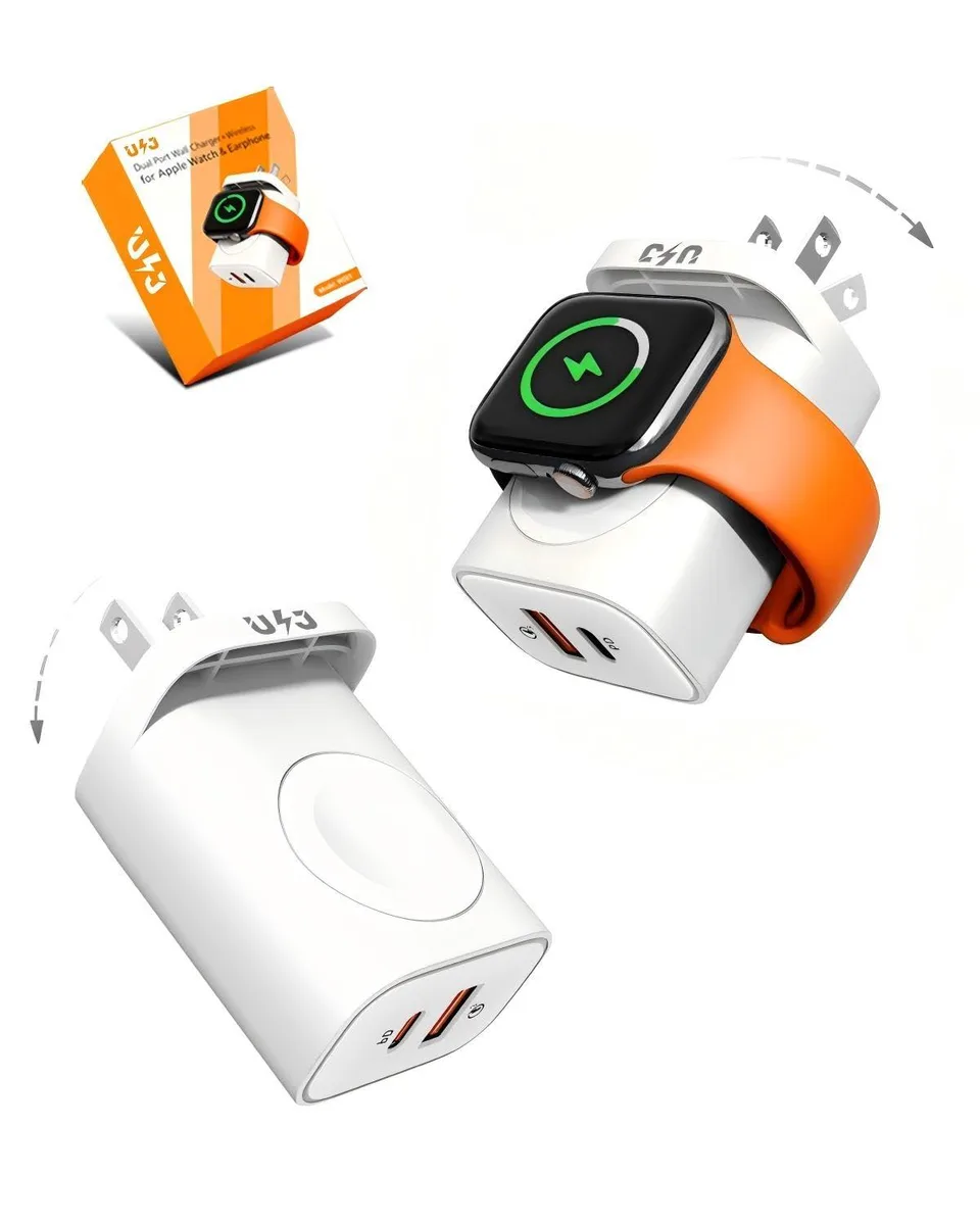 Compact white cube with foldable plug and magnetic Apple Watch stand