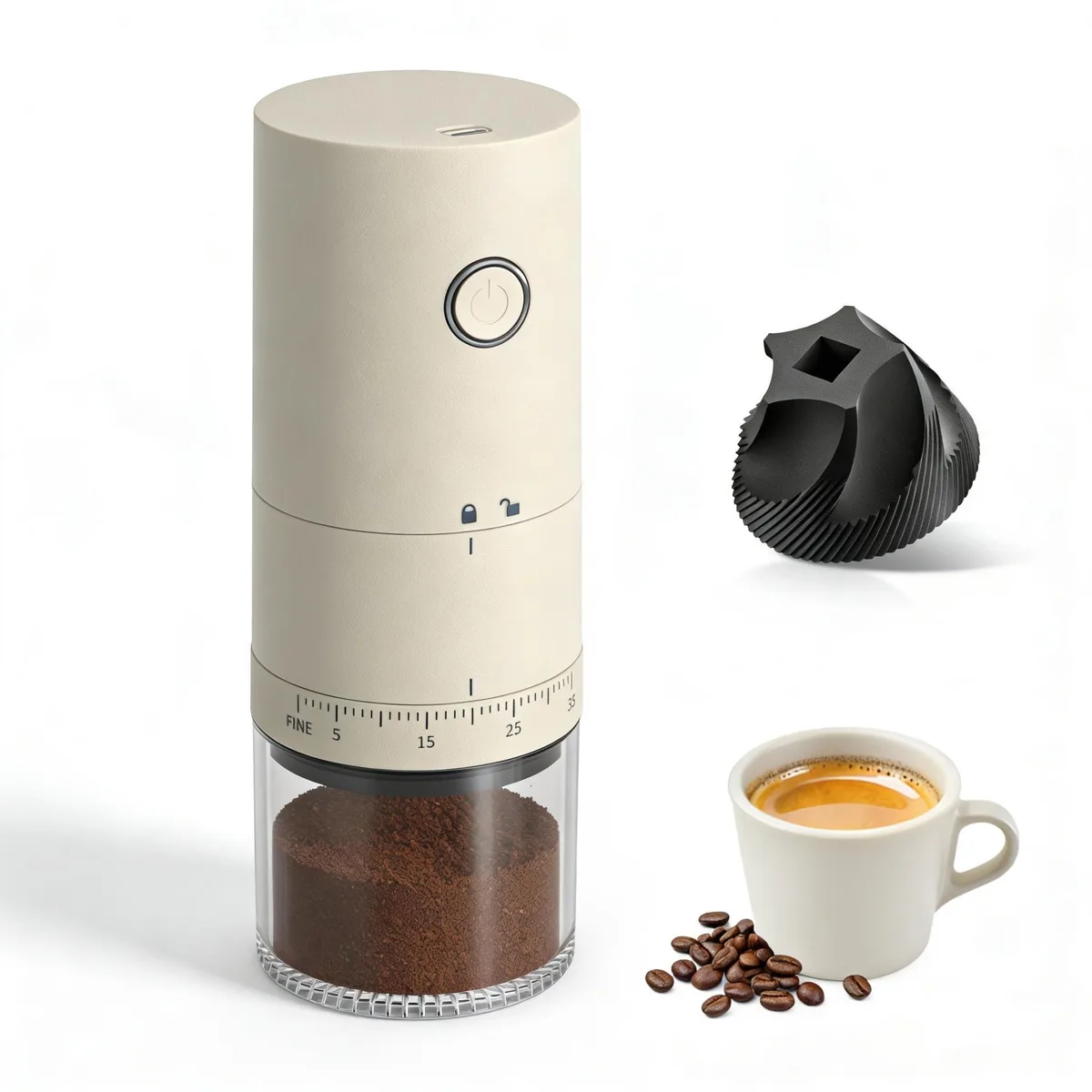 Breville Portable Electric Burr Coffee Grinder Light Beige 38 Settings 2000 mAh — product photo