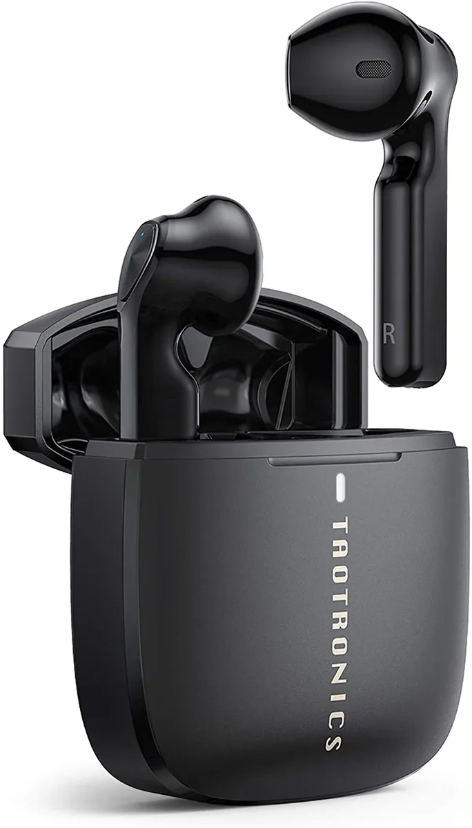 Black semi-in-ear wireless earbuds with matching charging case and USB-C cable