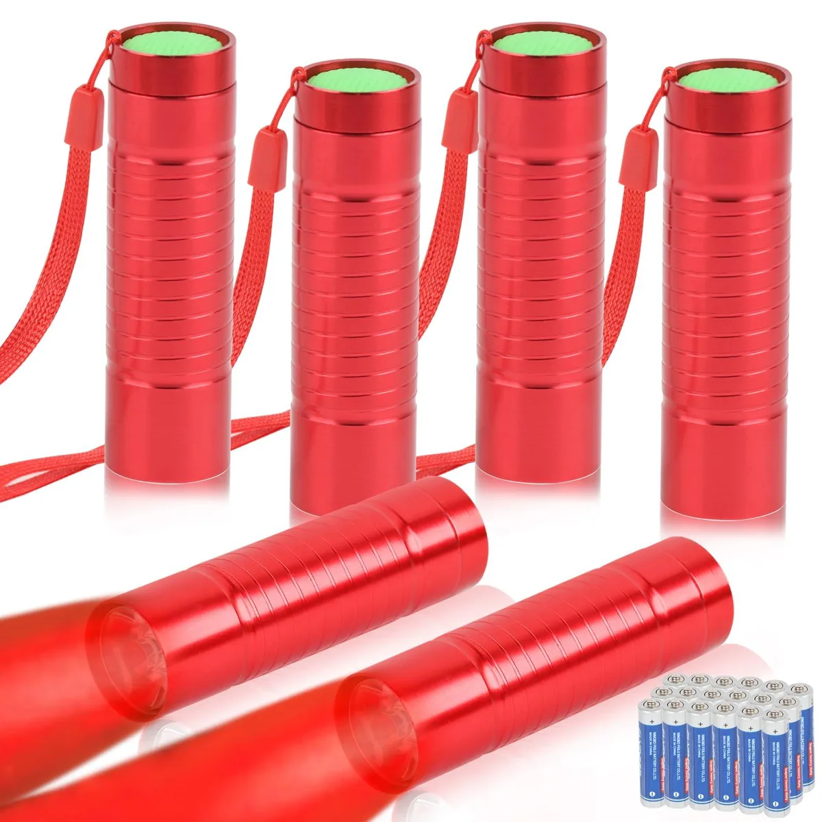 Six small cylindrical red aluminium flashlights, each 3.34 inches long, with wrist straps