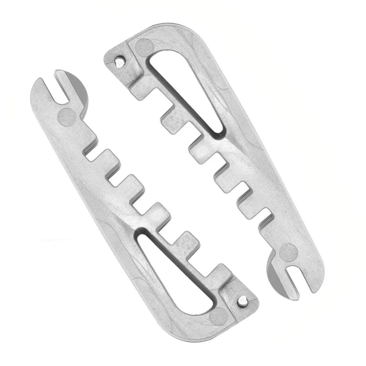 Two black eyeglass frame adjustment tools, compact plier form with textured handles