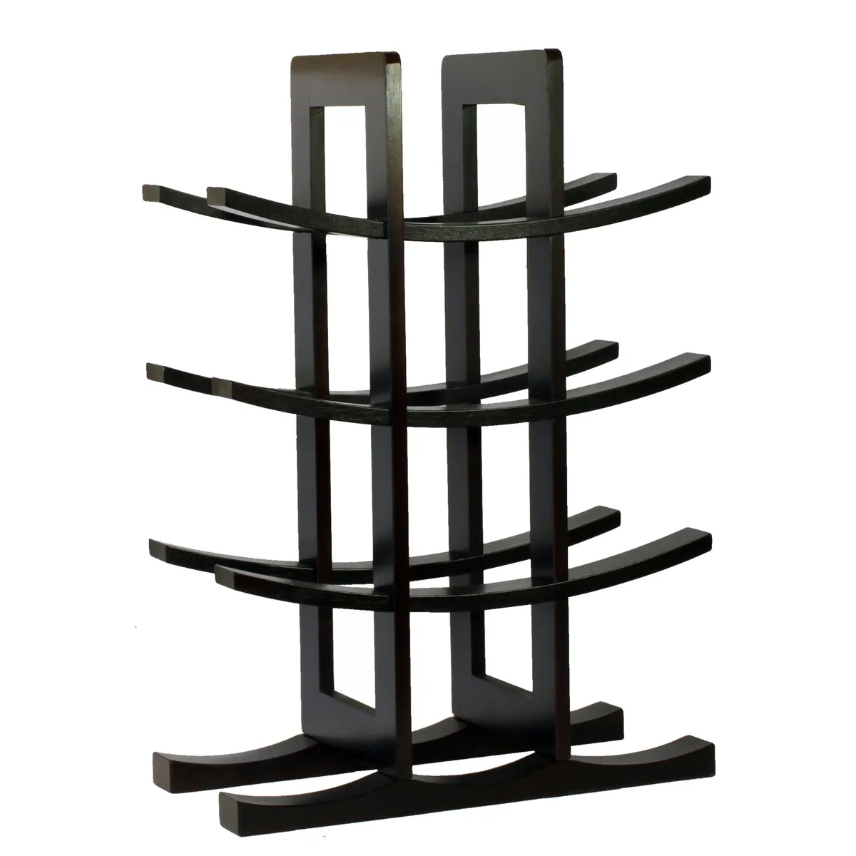 Dark espresso bamboo wine rack holding twelve bottles horizontally on a countertop
