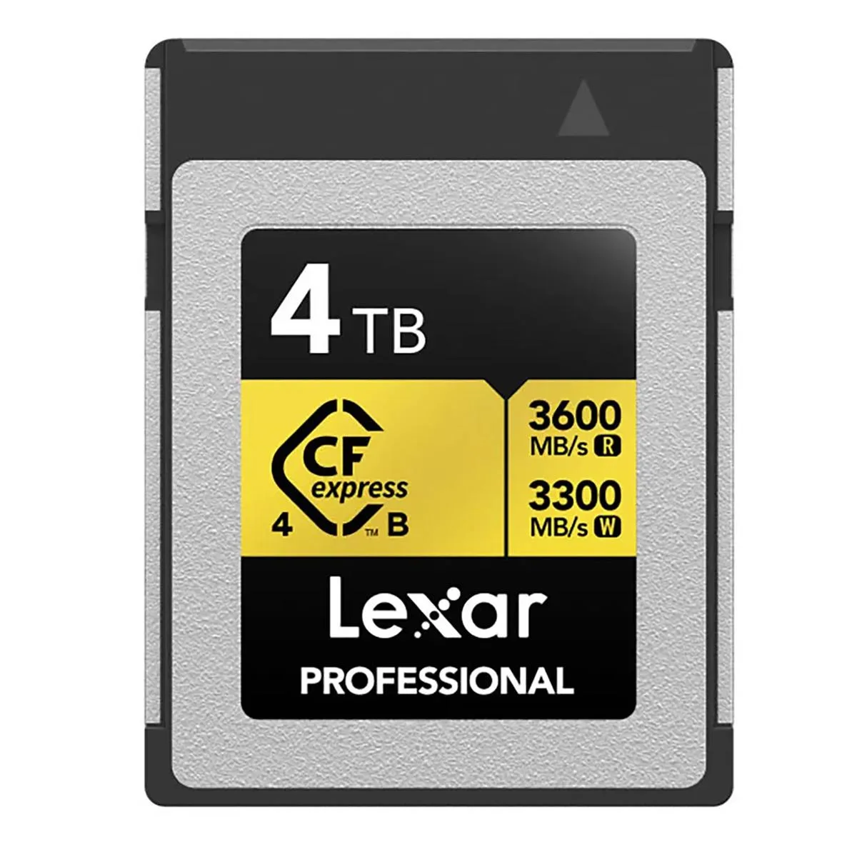 Rectangular gold-coloured CFexpress Type B memory card, 4TB capacity