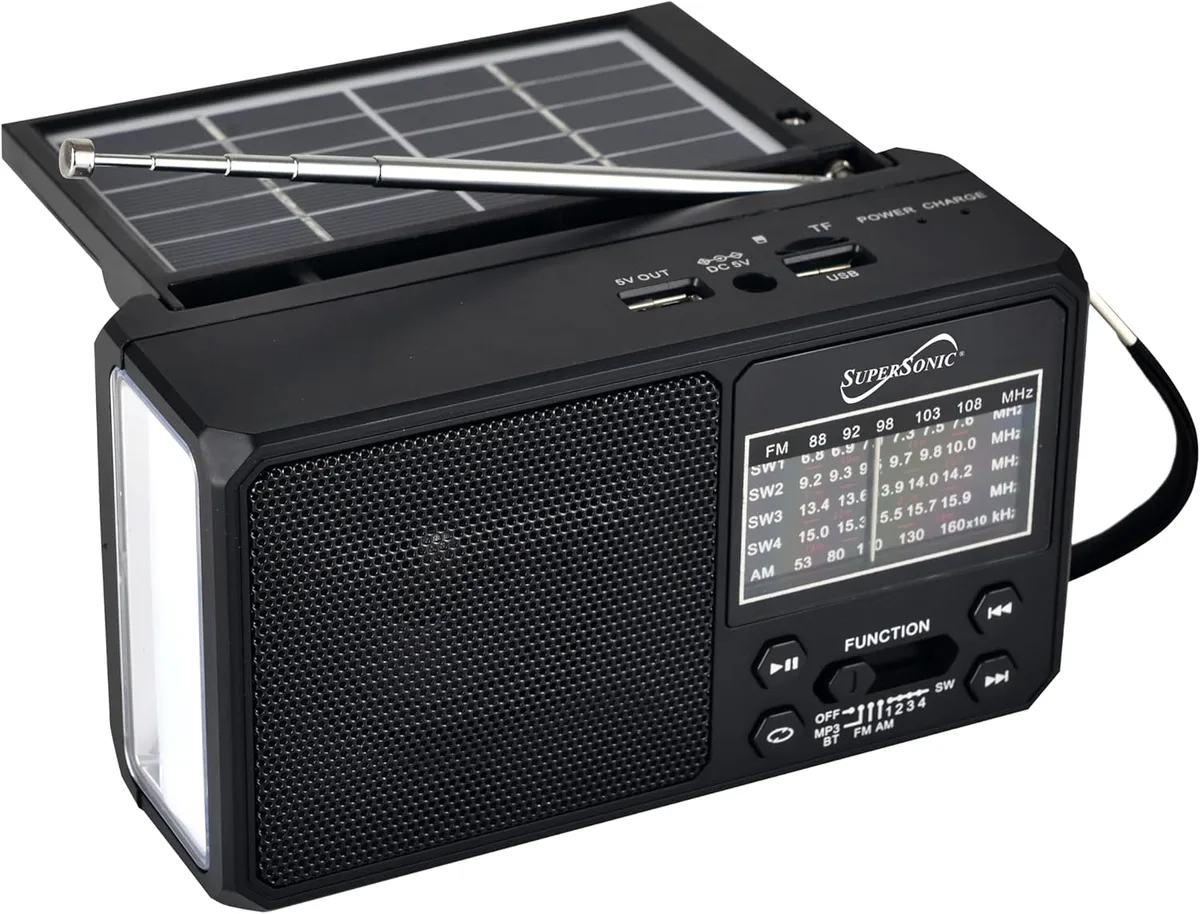 SUPERSONIC SUPERSONIC SC-1180BTBLK Radio Bluetooth 6.0 AM/FM/SW1-4 Solar USB-C Flashlight 360° Antenna Black — product photo