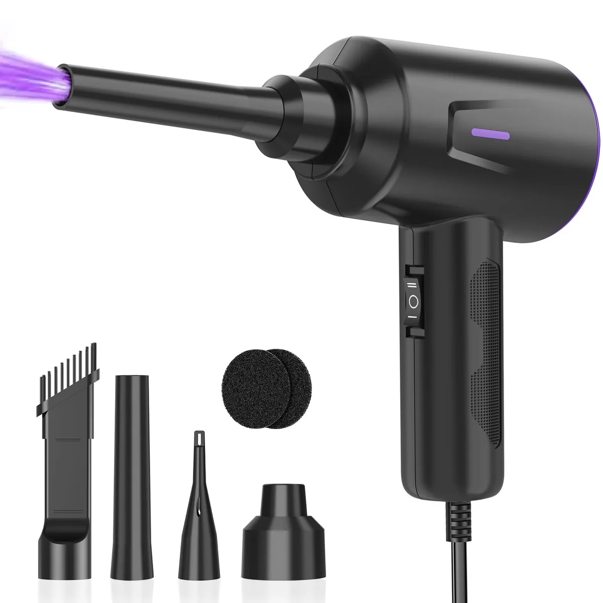 Black and purple electric air duster with 8.2-foot cord