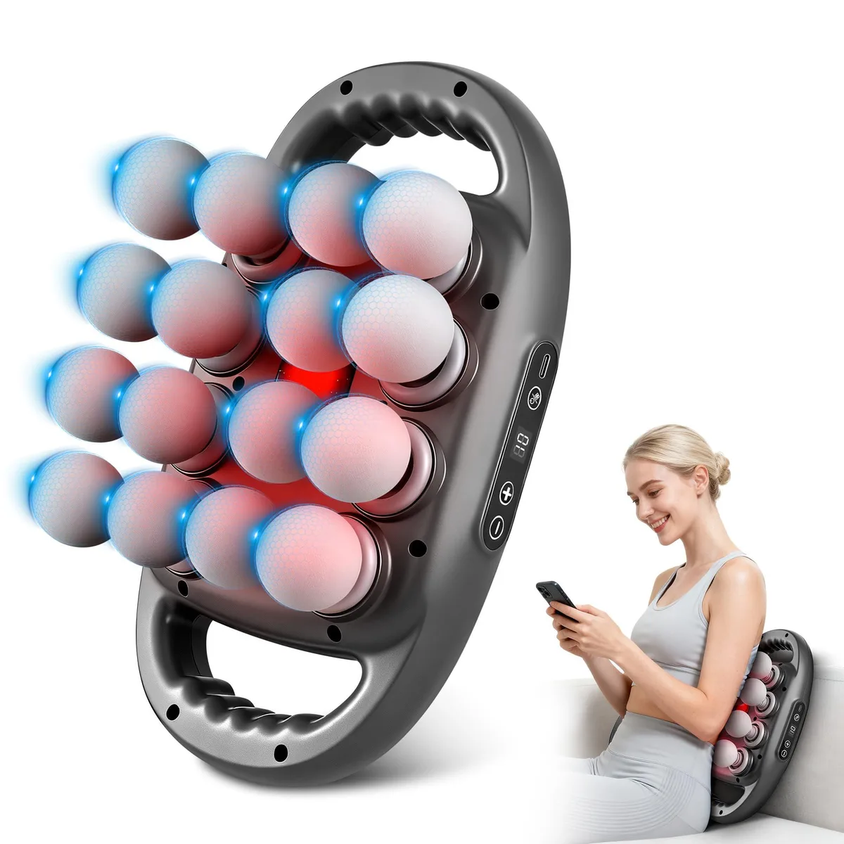 Black handheld massage gun with sixteen interchangeable heads