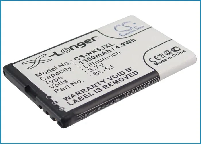 Rectangular Cameron Sino BL-5J replacement battery, light grey plastic with printed labels