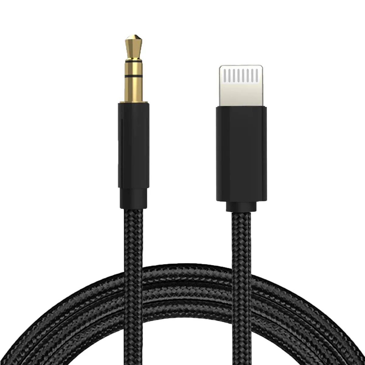 Black nylon-braided Lightning to 3.5 mm AUX cable, 3.3 ft