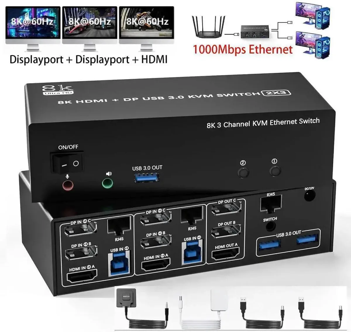 Vszerda Vszerda KVM Switch Triple Monitor 2 Port 8K@60Hz 4K@144Hz 2DP+HDMI USB3.0 Gigabit Ethernet Wired Remote — product photo