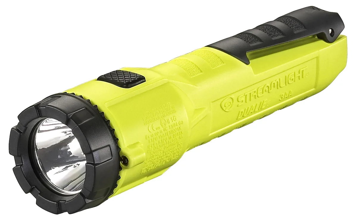 Yellow polymer flashlight with dual spot and flood beams, textured grip, IP67 rated