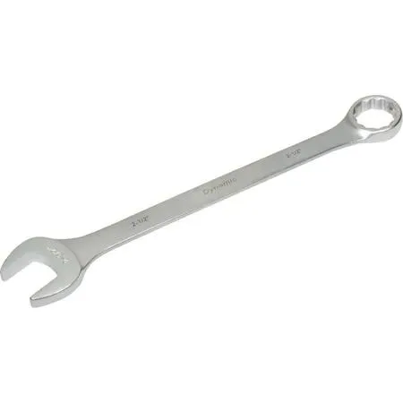 Large satin chrome combination wrench with twelve-point box end and angled open end