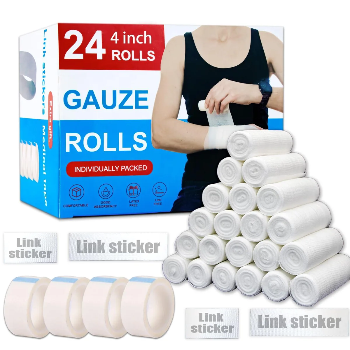 A box holding twenty-four individually wrapped white gauze rolls, each four inches by four point one yards