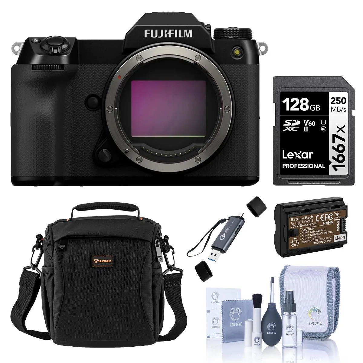 FUJIFILM GFX 100S II medium format mirrorless camera body with bundled accessories