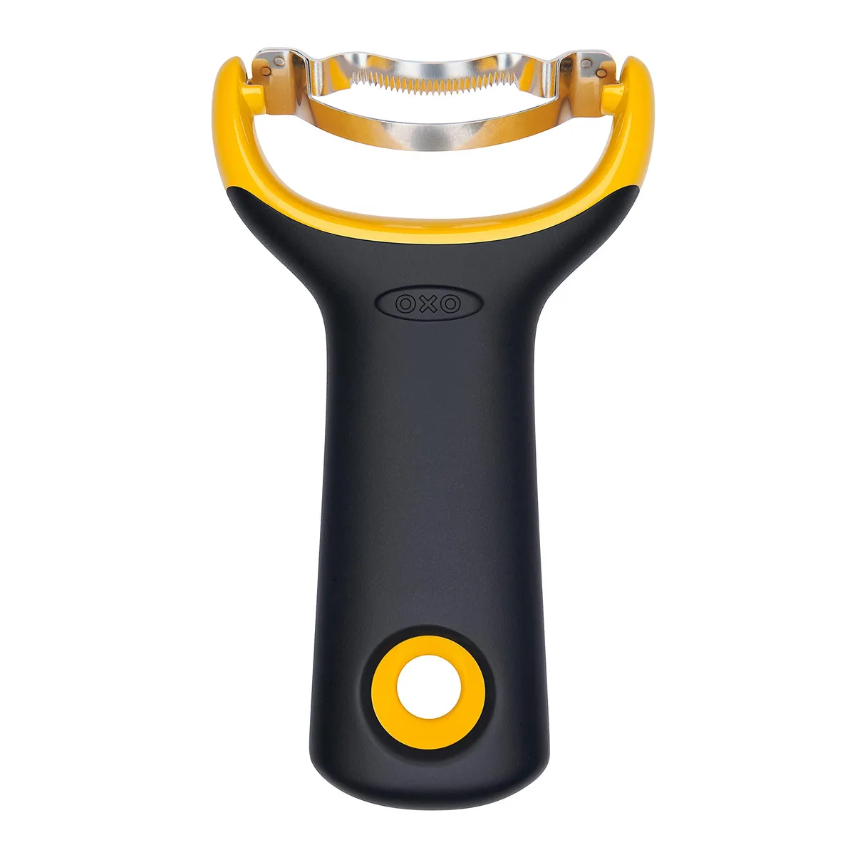 Black stainless steel corn peeler with rubber handle, Y-shaped, compact design
