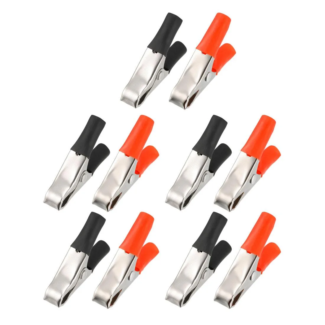Ten red and black alligator clips, metal jaws with rubber sleeves, 50 mm long, jaws open to 18 mm
