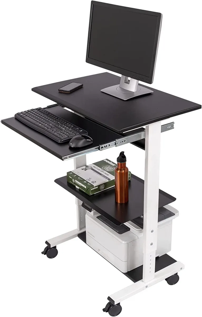NShi NShi Mobile Rolling Standing Workstation White Frame Black Top 30" Wide — product photo