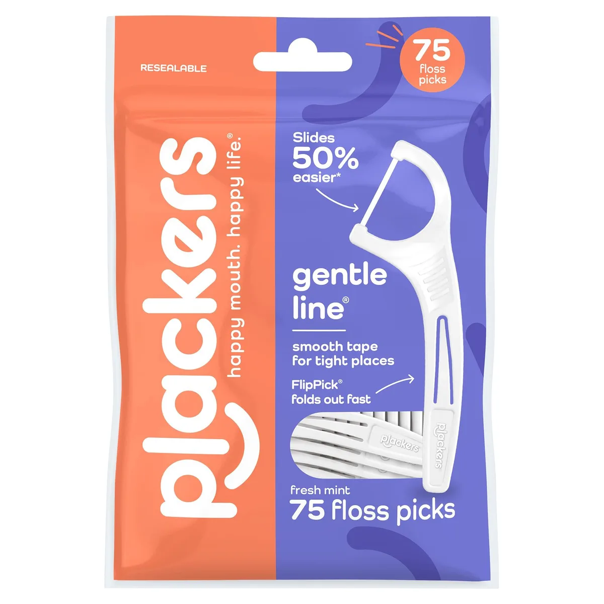 A white plastic box holding 75 mint floss picks with a gray handle