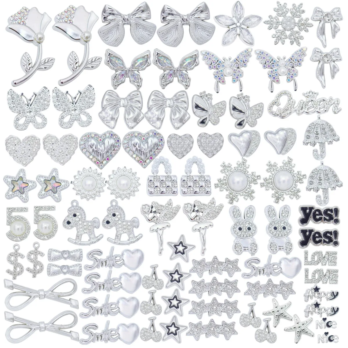 81 silver flat-back charms with rhinestones pearls hearts stars bunnies bows