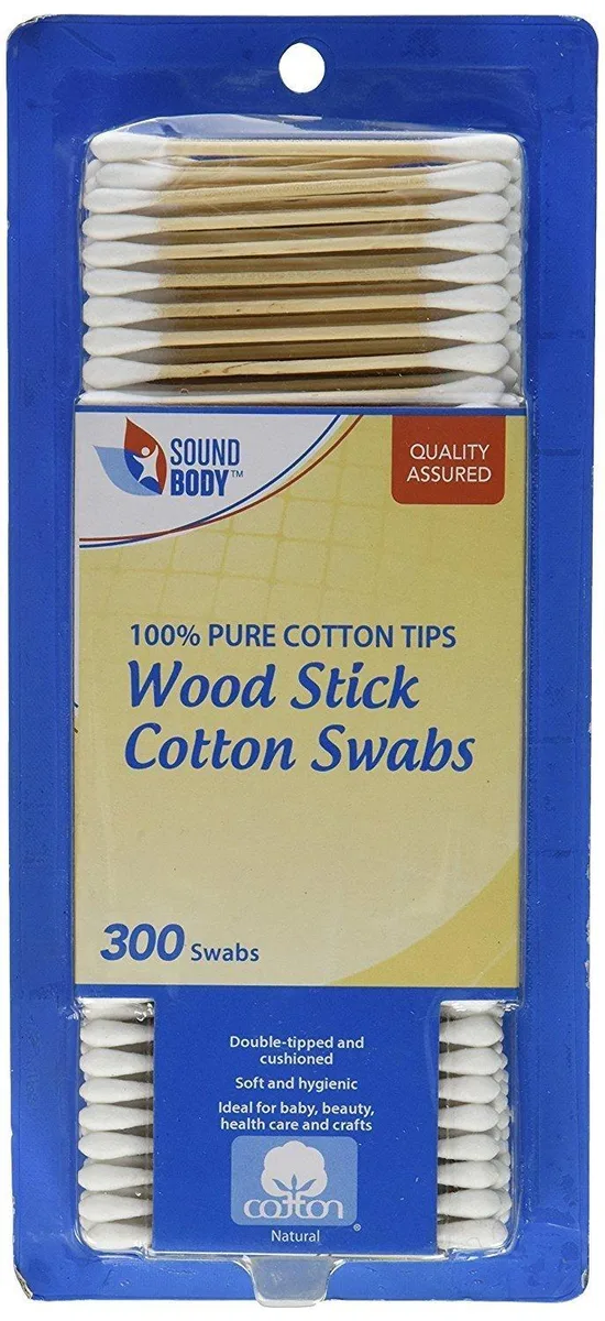 White box containing 300 cotton swabs with wooden sticks