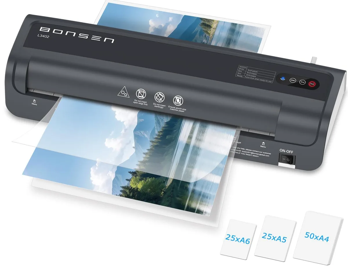 Grey A3 laminator with 100 sheets, 16.77 by 6.18 by 3.19 inches