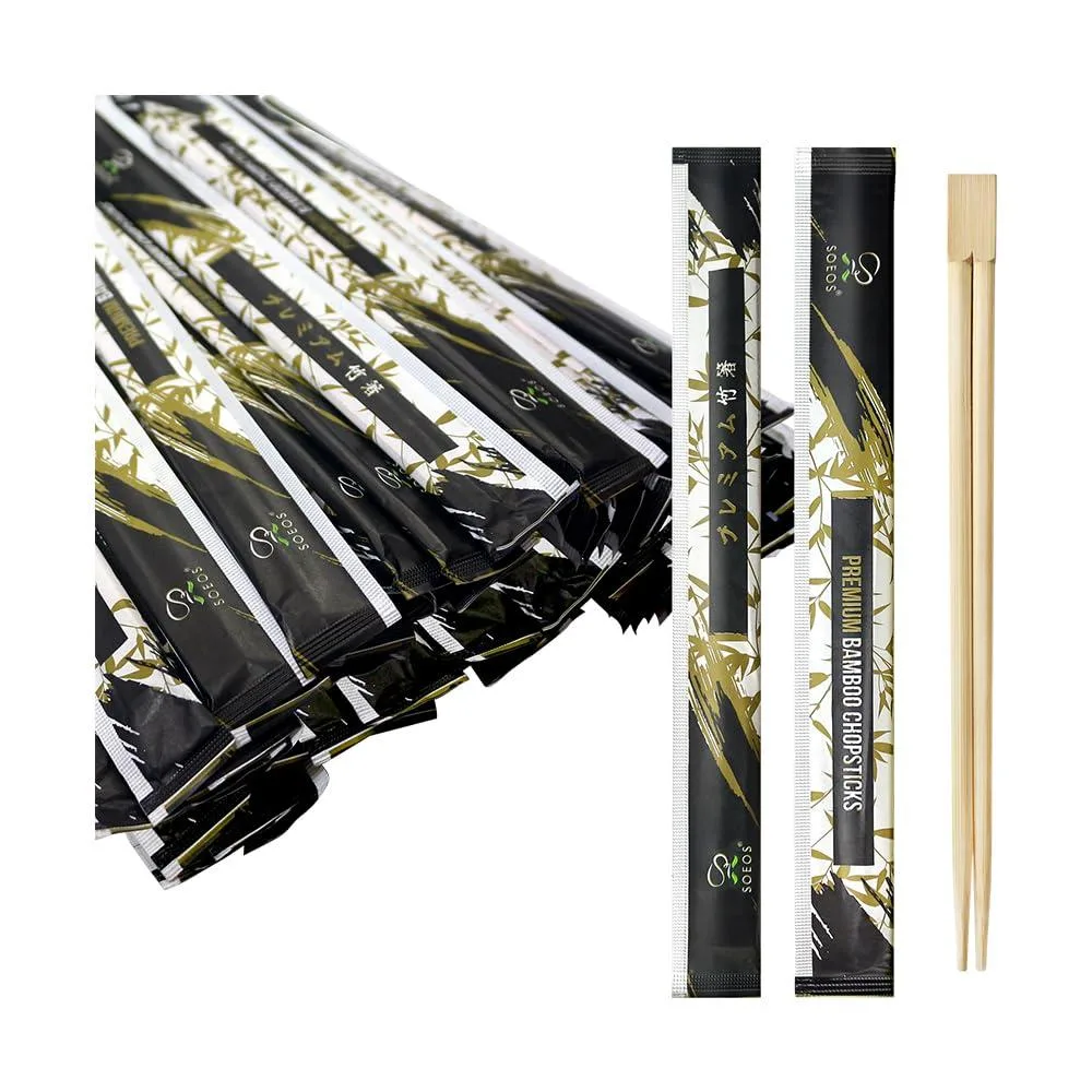 Bulk box of 100 individually wrapped bamboo chopstick pairs 9 inch
