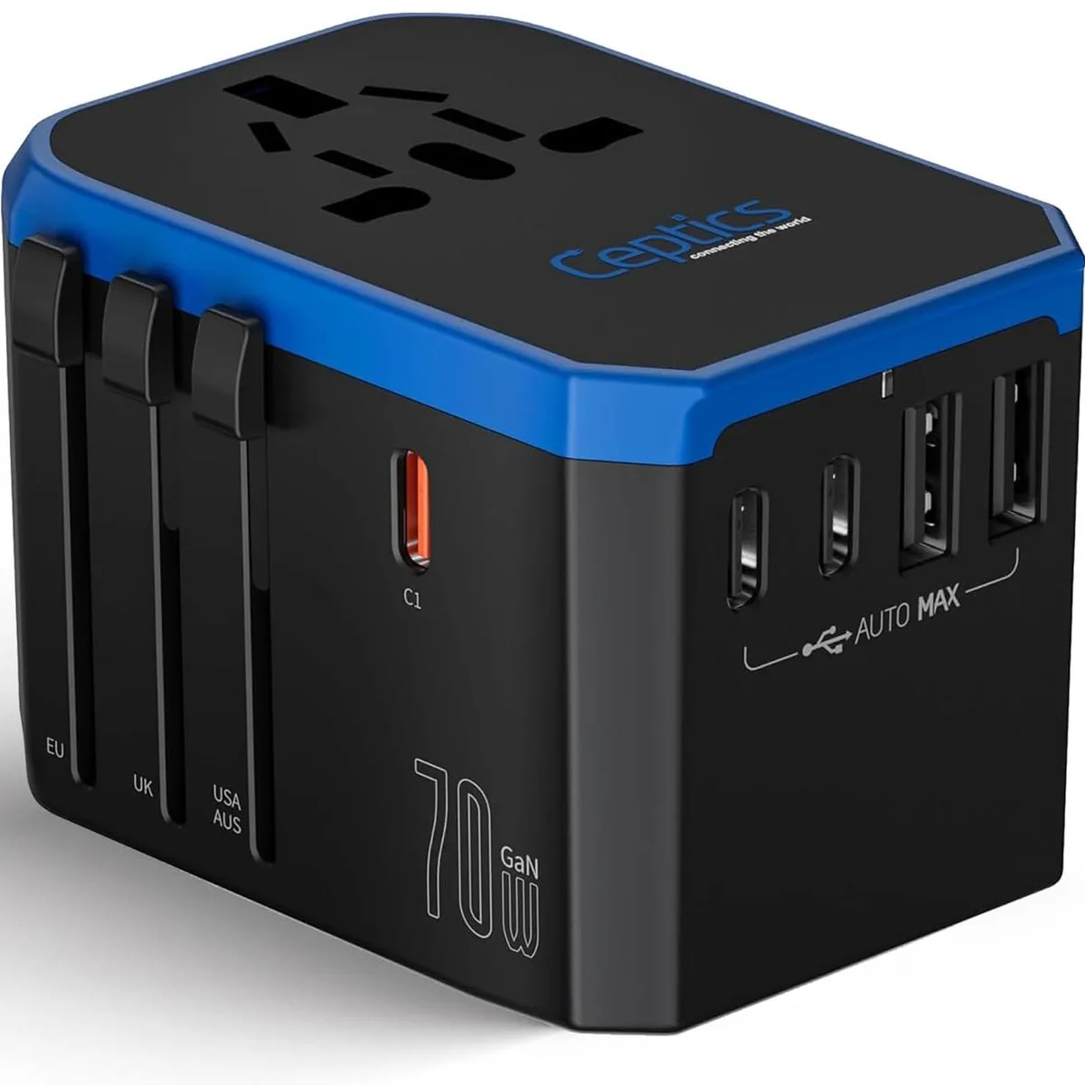 Black cube travel adapter with slide-out plugs and multiple USB ports