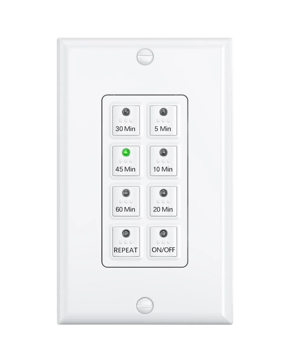 White wall-mount timer switch with six preset countdown buttons and manual on/off control