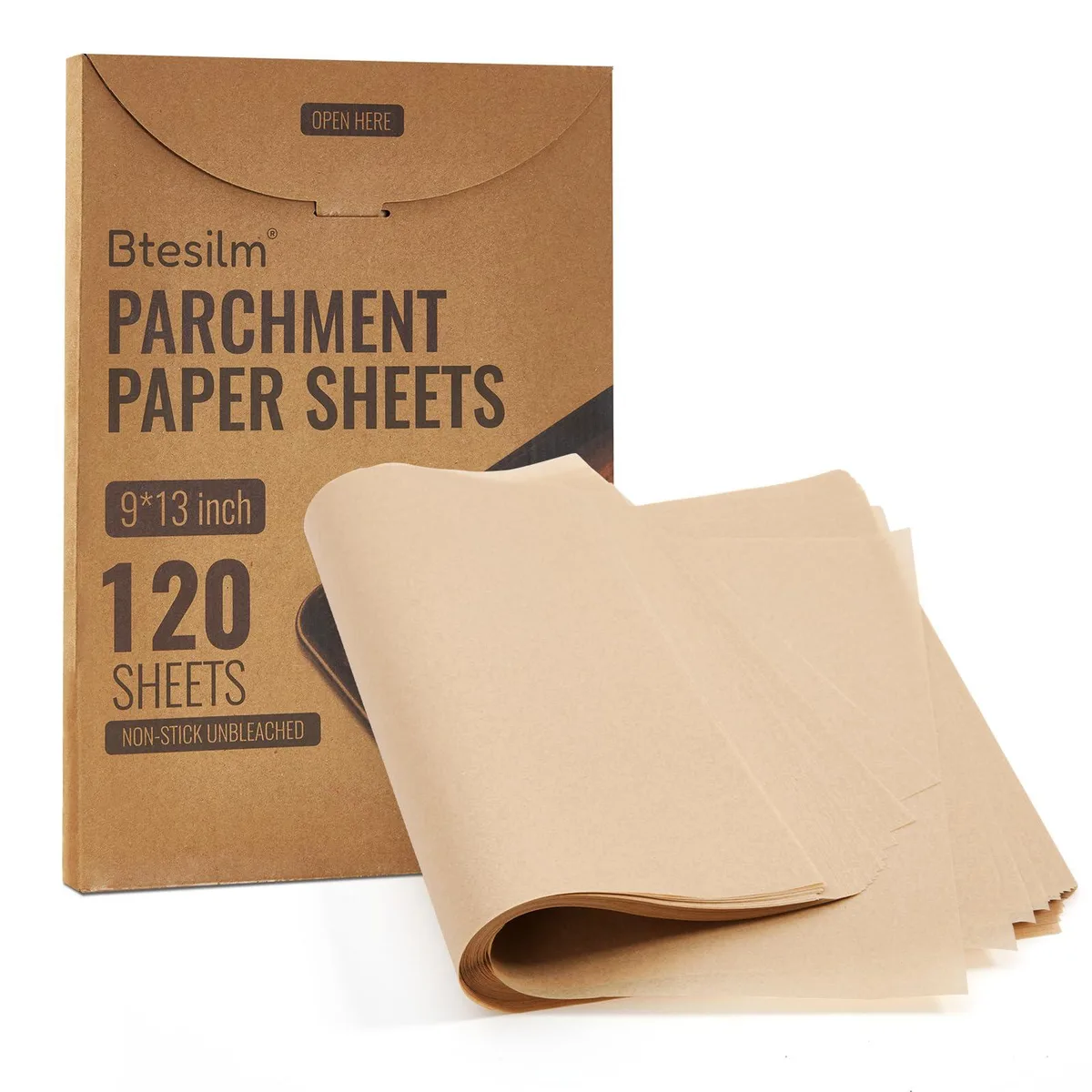 Stack of 120 brown parchment sheets 13 by 9 inches