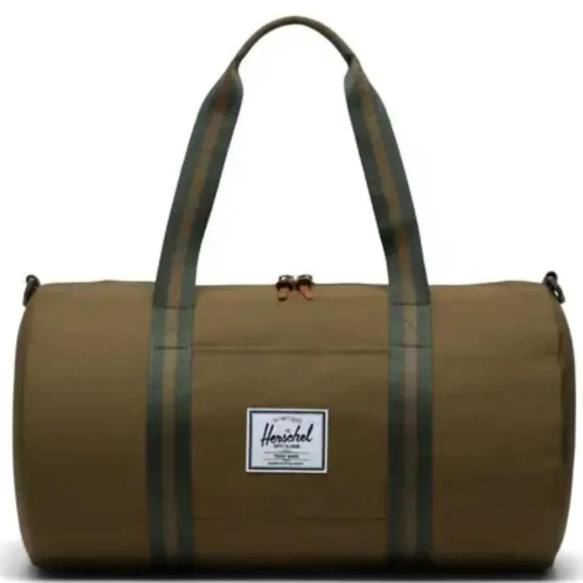 Olive-green mid-volume shoulder bag with long handles and removable strap