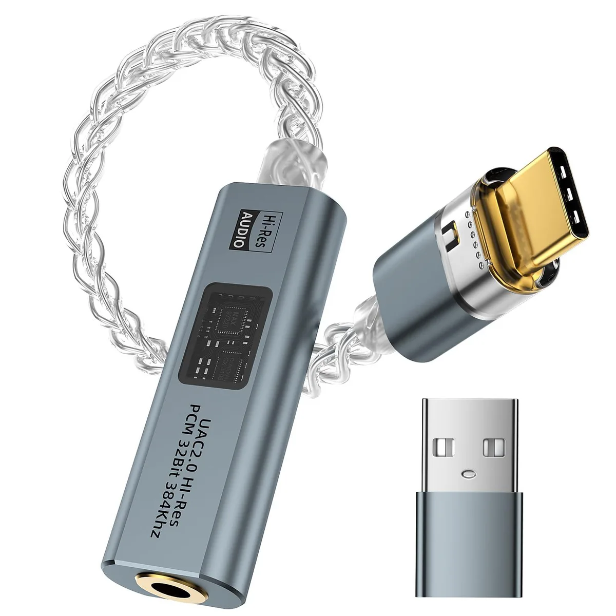 Silver USB-C to 3.5 mm audio adapter with inline DAC module