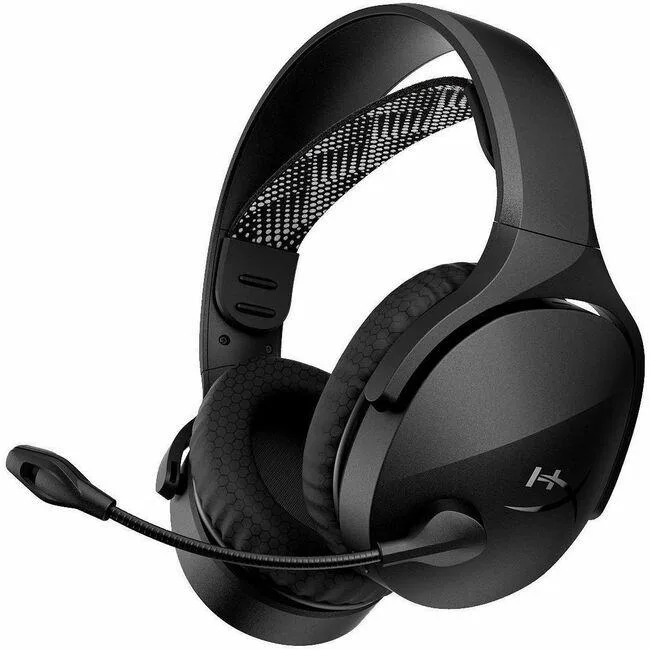 Black over-ear wireless gaming headset with padded headband and boom microphone