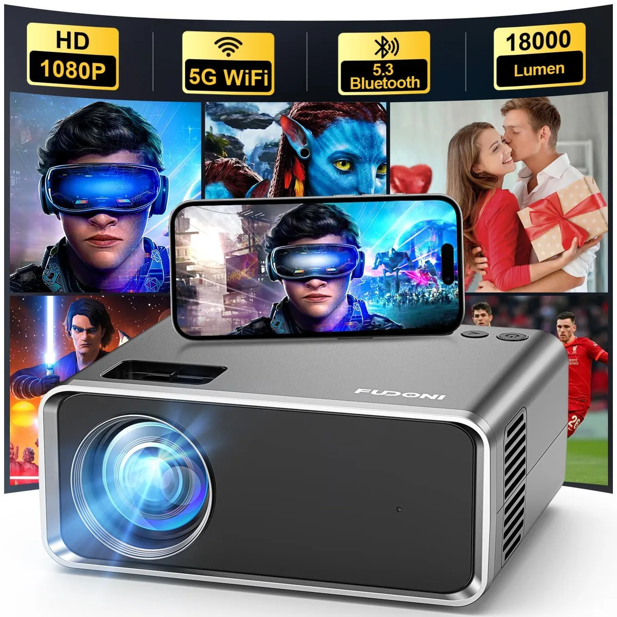 Rectangular iron grey LCD projector with built-in speaker