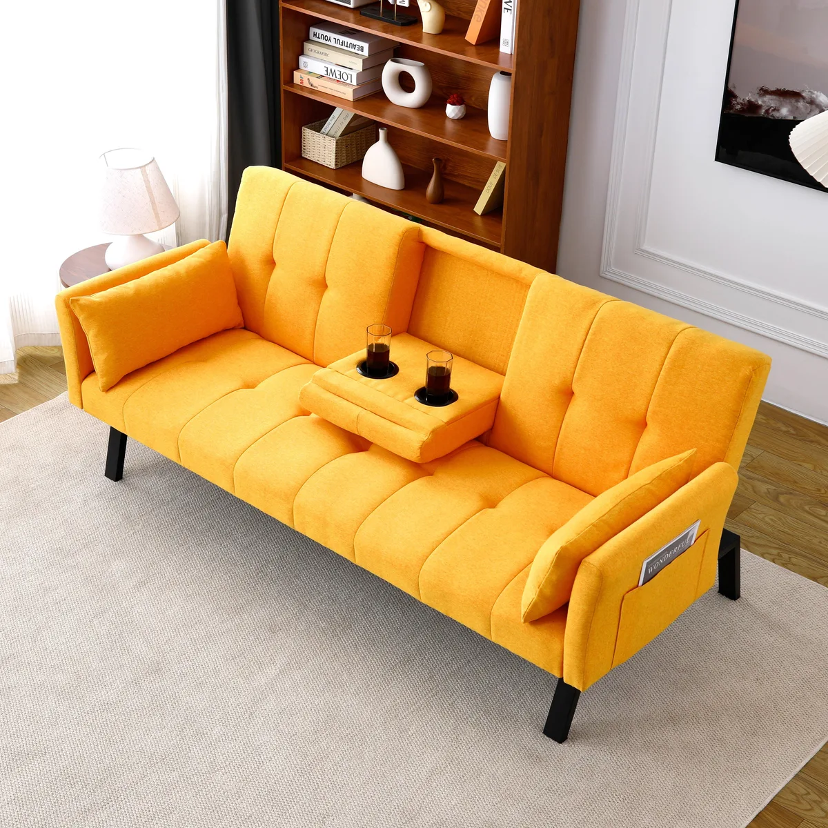 Yellow polyester foldable sofa bed 70 inches cup holder side storage