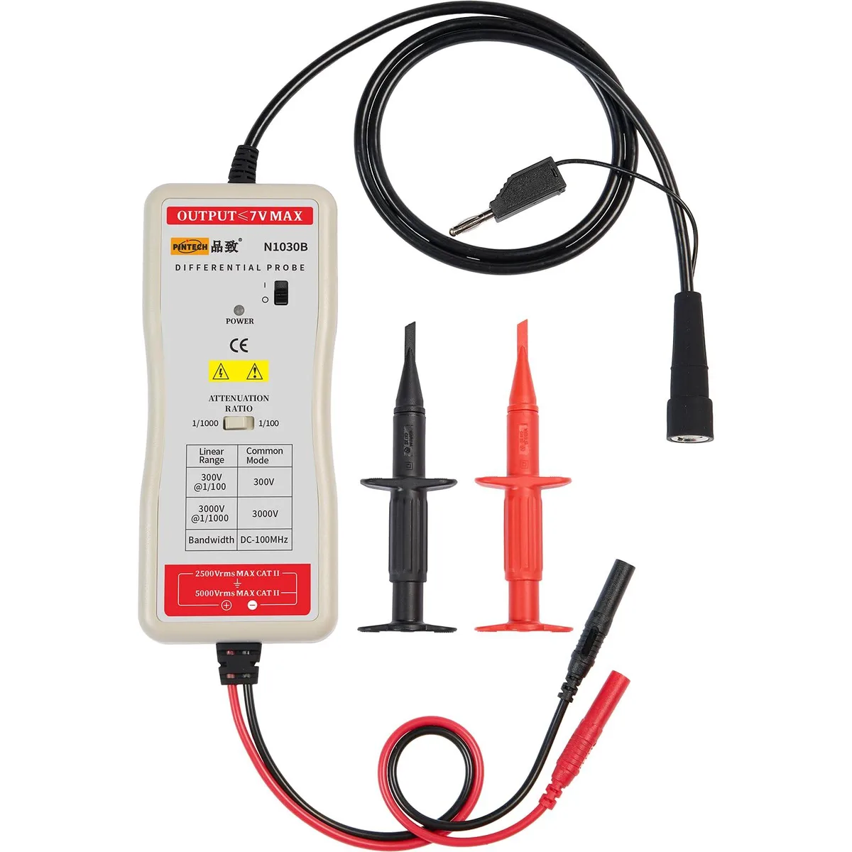 Black high-voltage differential probe with BNC connector and hook accessories