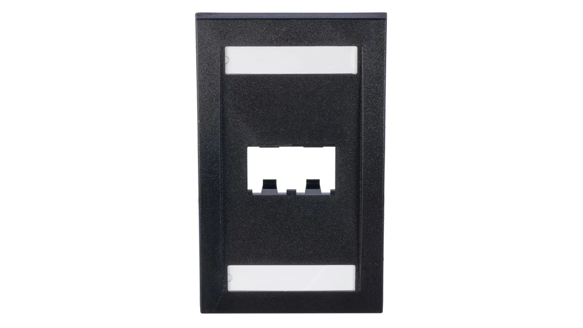 Black single-gang sloped faceplate with two module openings, ABS plastic, 4.5 by 2.8 by .8 inches