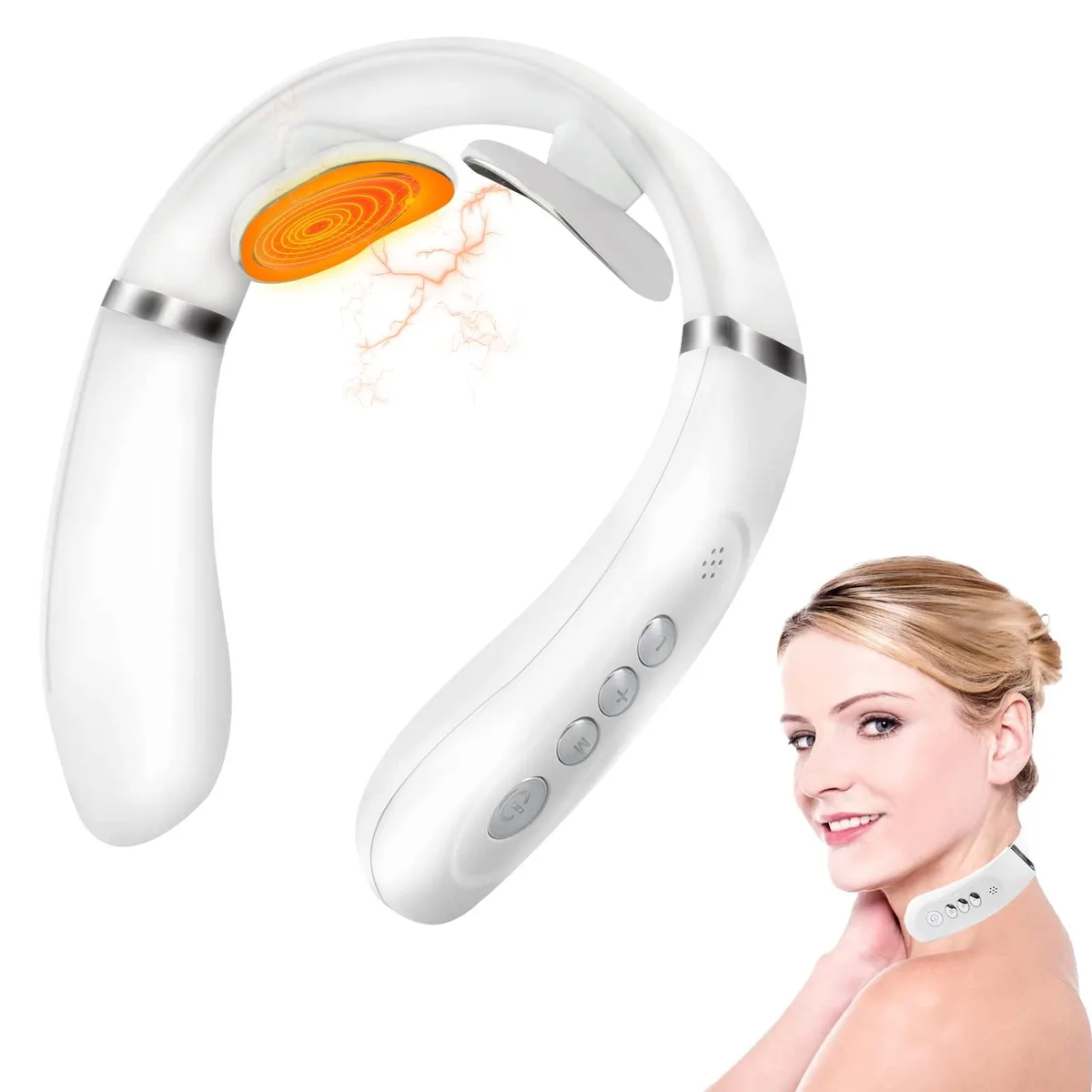 Light blue U-shaped neck massager with two conductive pads, compact plastic body, rechargeable, shown resting on a flat surface