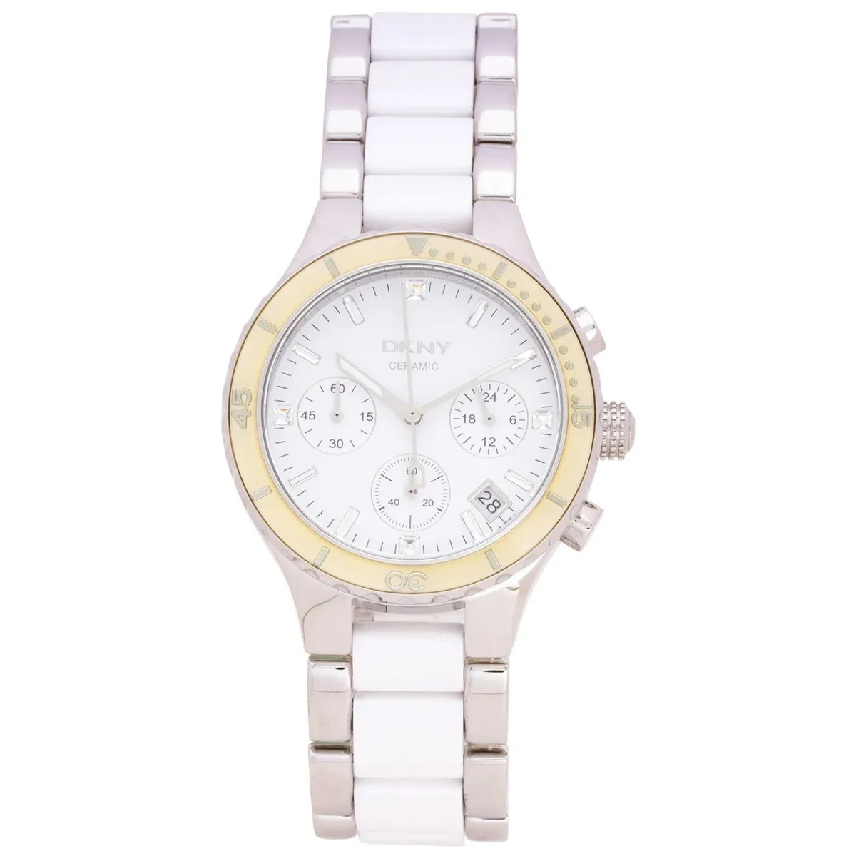 DKNY chronograph watch with white dial and stainless steel ceramic bracelet